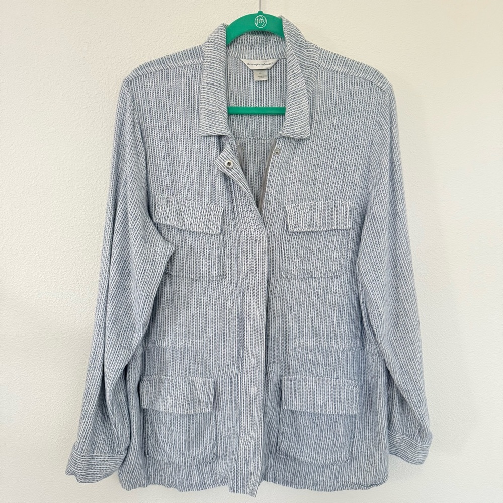 Christopher & Banks Jacket Women L Stripe Zip Snap Drawstring Pocket Linen Blend